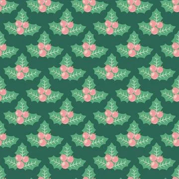 Vector seamless Christmas pattern with holly, berries and snowflakes, festive Stock Illustration