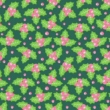 Vector seamless Christmas pattern with holly, berries and snowflakes, festive Stock Illustration