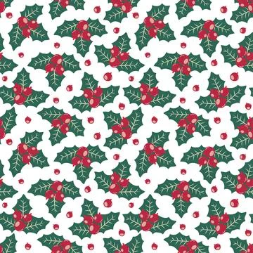 Vector seamless Christmas pattern with holly, berries and snowflakes, festive Stock Illustration