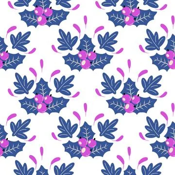 Vector seamless Christmas pattern with holly, berries and snowflakes, festive Stock Illustration