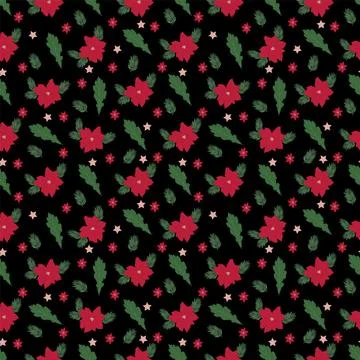 Vector seamless Christmas pattern with red flowers and green twigs Illustrazione stock