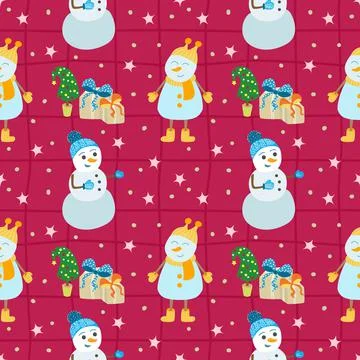 Vector seamless Christmas pattern on a red background with cute snowmen Illustrazione stock