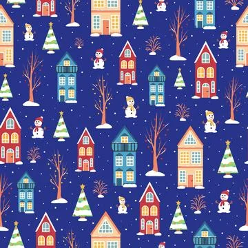 Vector seamless Christmas pattern. Scandinavian houses, snowman Stock Illustration