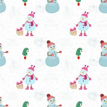 Vector seamless Christmas pattern with snowmen, fir trees, gifts. New year Stock Illustration