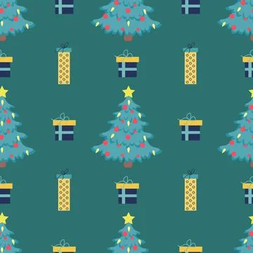 Vector seamless Christmas tree pattern with red balloons Stock Illustration