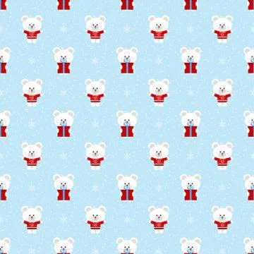 Vector seamless christmas winter pattern with cute polar white bear with gift Stock Illustration