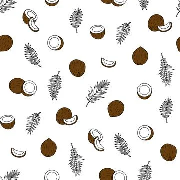 Vector seamless coconut pattern, with a whole coconut and a half, on a white  Stock Illustration