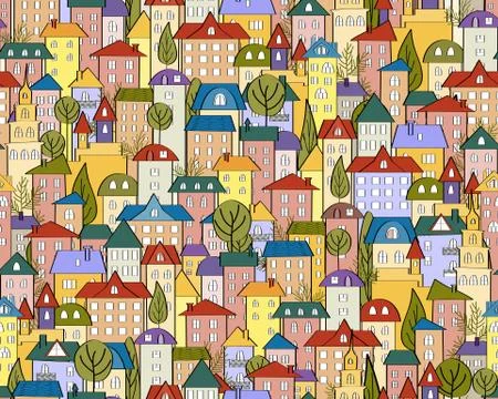 Vector seamless colored city background with cute houses and trees Stock Illustration