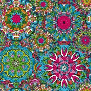 Vector Seamless Colored Ornate Pattern. Hand Drawn Mandala Texture, Vintage Stock Illustration