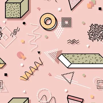Vector seamless colorful pattern with 3d geometric shapes. Fashion style 80-90s Stock Illustration