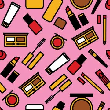 Vector seamless colorful pattern of a woman's makeup. Set of flat style makeu Stock Illustration