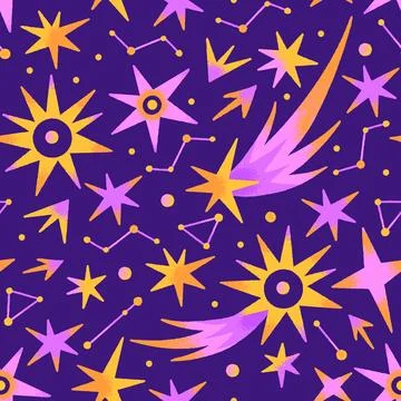 Vector seamless cosmic pattern of constellations, stars, comets on dark purpl Stock Illustration