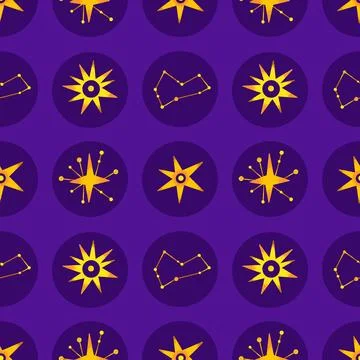 Vector seamless cosmic pattern of constellations and stars in circles on da.. Stock Illustration