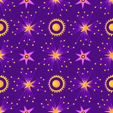 Vector seamless cosmic pattern of planets and stars on dark purple backgrou.. Stock Illustration