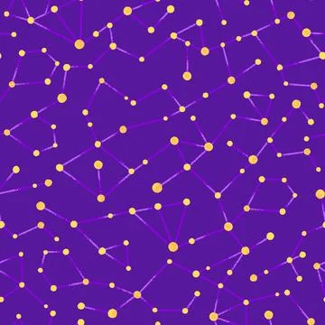 Vector seamless cosmic pattern of yellow constellations on dark purple back.. Stock Illustration