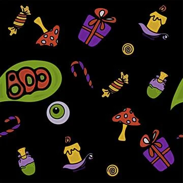Vector seamless Doodle Halloween pattern Colorful cartoon cliparts, symbols Stock Illustration