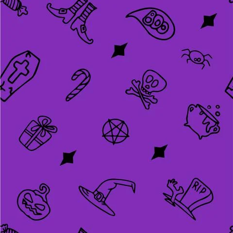 Vector seamless Doodle Halloween pattern Colorful cartoon cliparts, symbols Stock Illustration