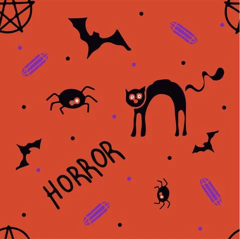 Vector seamless Doodle Halloween pattern Colorful cartoon cliparts, symbols Stock Illustration