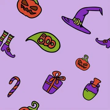 Vector seamless Doodle Halloween pattern Colorful cartoon cliparts, symbols Stock Illustration