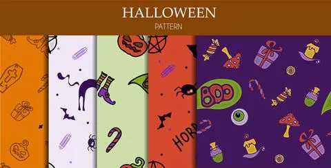 Vector seamless Doodle Halloween pattern Colorful cartoon cliparts, symbols Stock Illustration