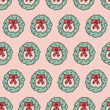 Vector seamless doodle pattern with christmas wreath. Stock Illustration