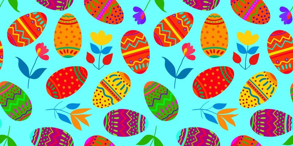Vector seamless Easter pattern with colorful decorated eggs and spring flow.. 스톡 일러스트