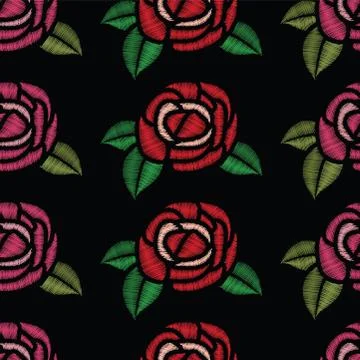 Vector seamless embroidery pattern with roses Stock Illustration