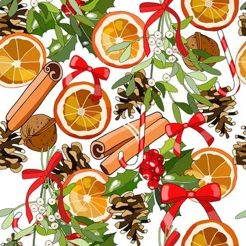 Vector seamless festive pattern with cinnamon stick, dried orange, cone, suga Stock Illustration