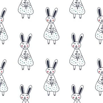 Vector seamless festive pattern with Easter bunny. Hand drawn doodles on whit Stock Illustration