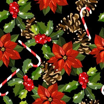 Vector seamless festive pattern with traditional Christmas poinsettia, cone,  Stock Illustration