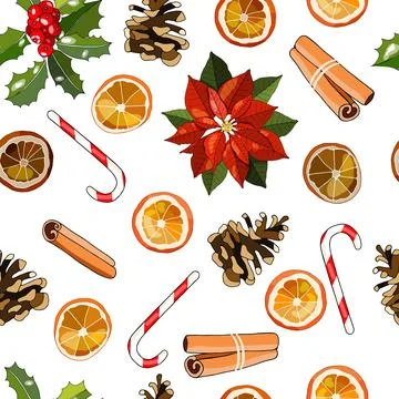 Vector seamless festive pattern with traditional Christmas poinsettia, cinnam Stock Illustration