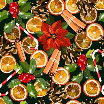 Vector seamless festive pattern with traditional Christmas poinsettia, cinnam Stock Illustration