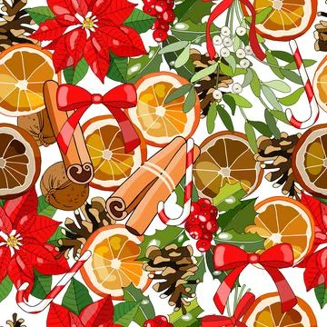 Vector seamless festive pattern withpoinsettia, cinnamon stick, dried orange, Stock Illustration