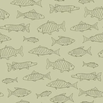 Vector seamless fish pattern - hand drawn design. Green repeatable background in Stock Illustration