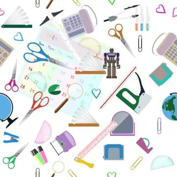 Vector seamless flat pattern with office supplies. Stock Illustration