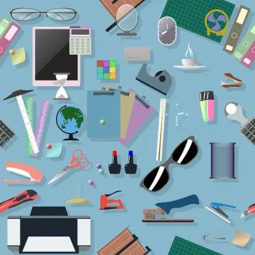 Vector seamless flat pattern with office supplies. Illustrazione stock