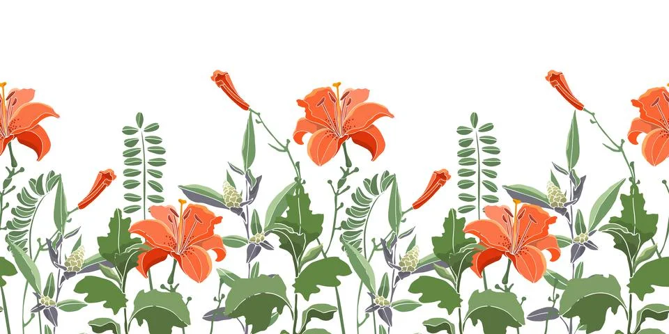 Vector seamless floral border, pattern. Orange color lilies, daylilies, green Illustrazione stock