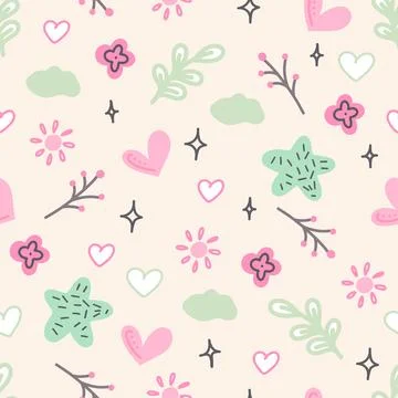 Vector seamless floral colorful pattern on a white background for kids, nursery Stock Illustration