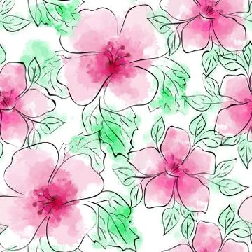 Vector Seamless Floral Hand-drawn Pattern. Flower pattern with pink flower on Illustrazione stock