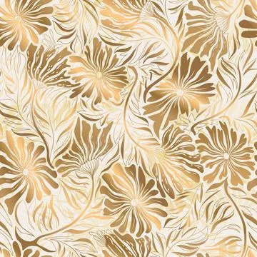 Vector seamless floral pattern with abstract gold hand drawn flowers and le.. Illustrazione stock