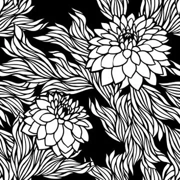 Vector seamless floral pattern black and white monochrome Stock Illustration