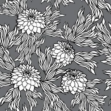 Vector seamless floral pattern black and white monochrome Stock Illustration