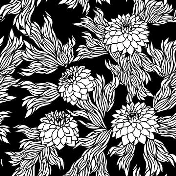 Vector seamless floral pattern black and white monochrome Stock Illustration