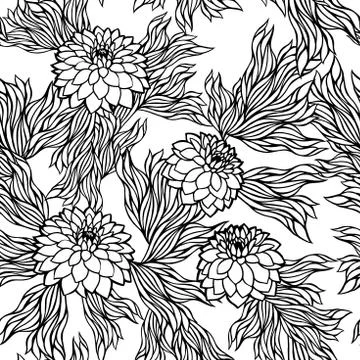 Vector seamless floral pattern black and white monochrome Stock Illustration