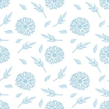 Vector seamless floral pattern. Blue contouring elements on a white background. Stock Illustration