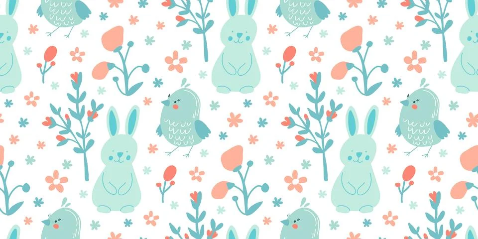 Vector Seamless Floral Pattern with Bunnies and Birds. Stock Illustration