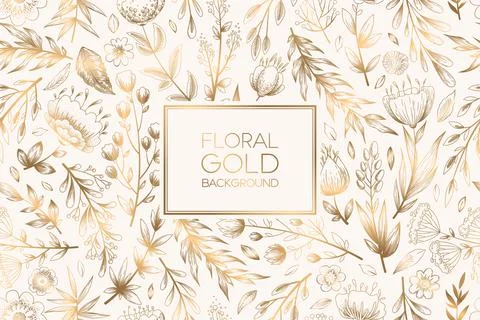 Vector seamless floral pattern with gold hand drawn flowers, herbs, leaves an Stock Illustration