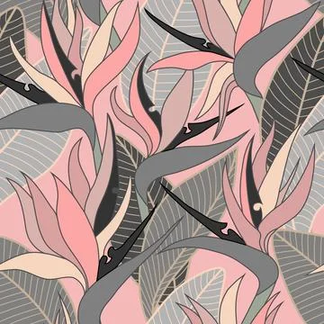 Vector seamless floral pattern with herbaceous plant of strelitzia. Illustration