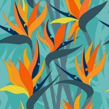 Vector seamless floral pattern with herbaceous plant of strelitzia. Illustration