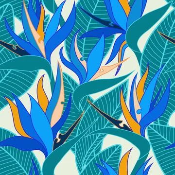 Vector seamless floral pattern with herbaceous plant of strelitzia. Illustration